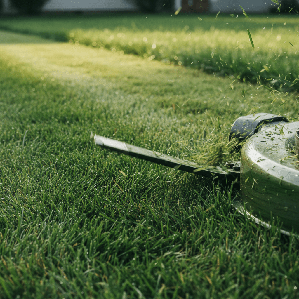Lawn mower cutting green grass in a residential yard