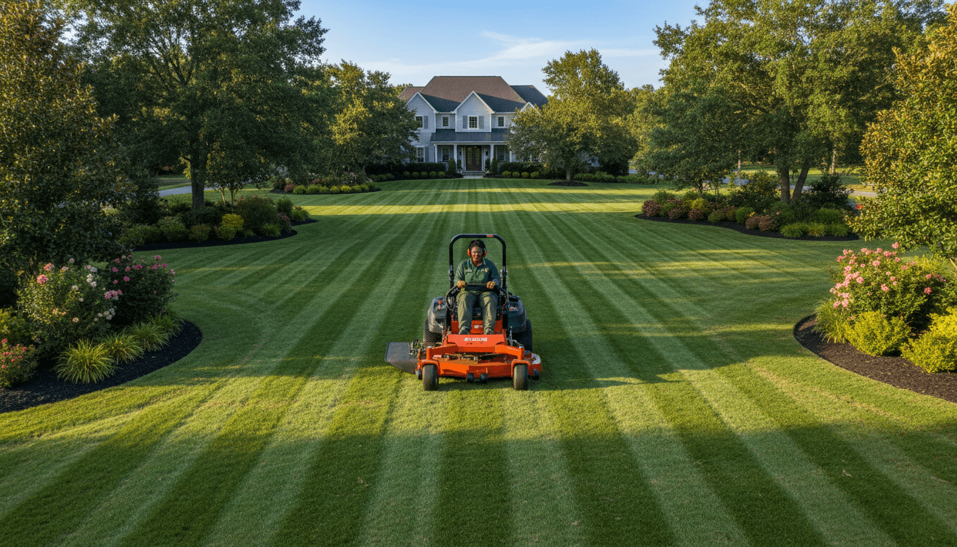 Professional landscaper mowing a residential lawn