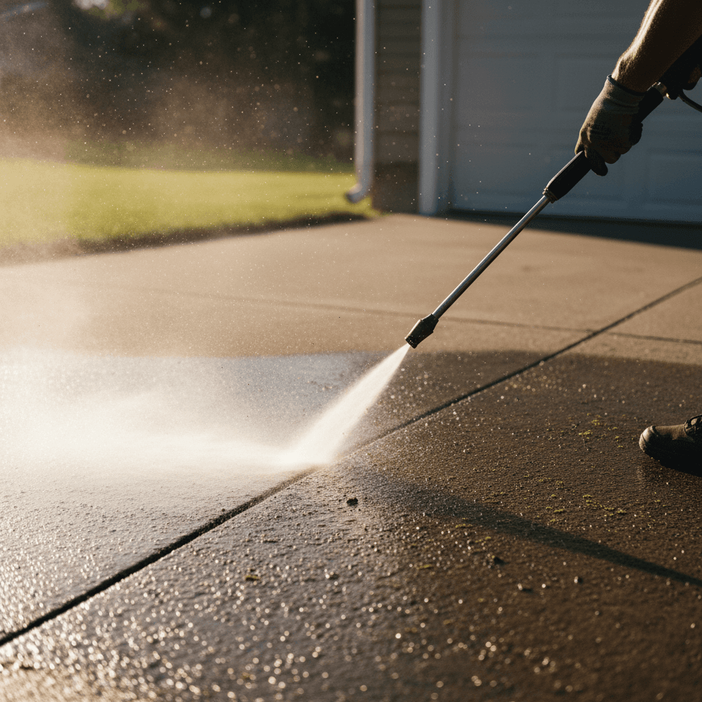 Pressure washing a driveway with water spray cleaning the concrete surface