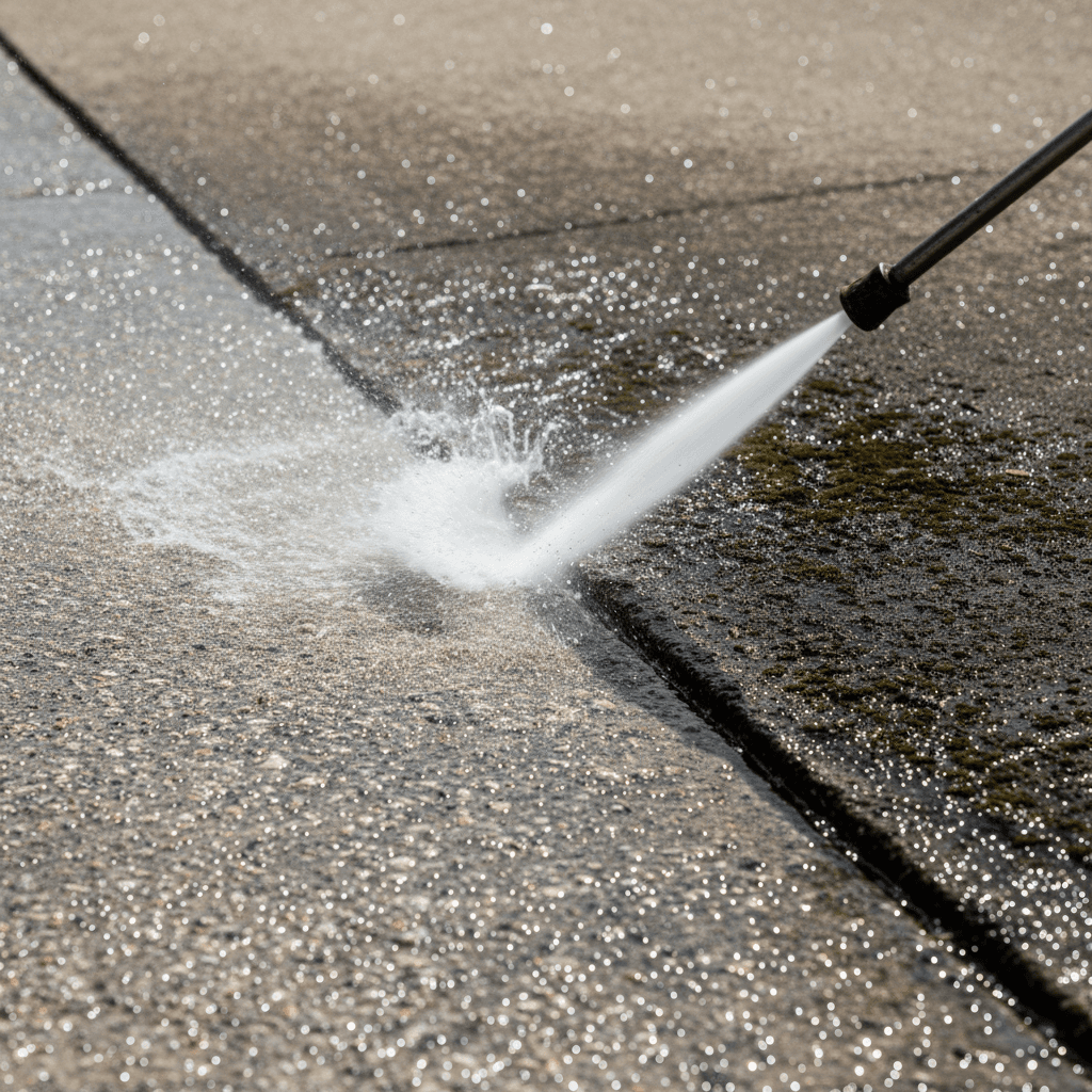 Pressure cleaning lifting grime off a concrete driveway