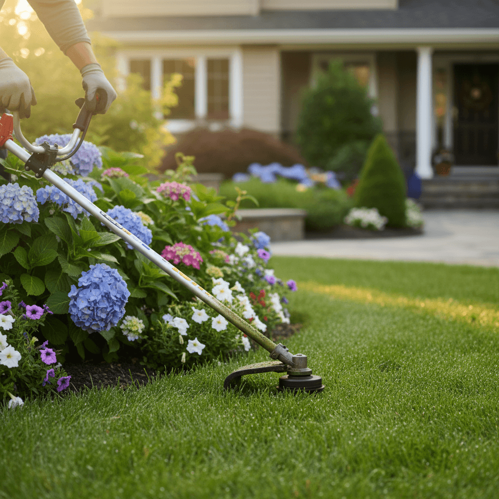 General yard maintenance with manicured edges throughout