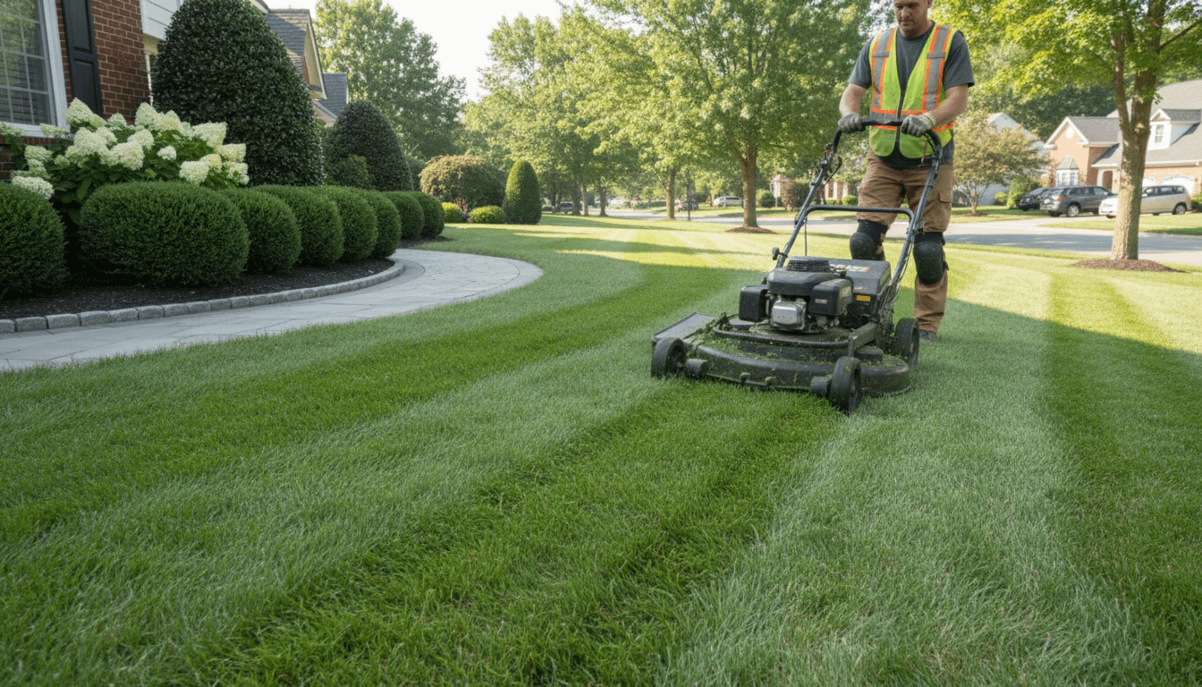 Worker mowing a lawn in a tidy residential yard