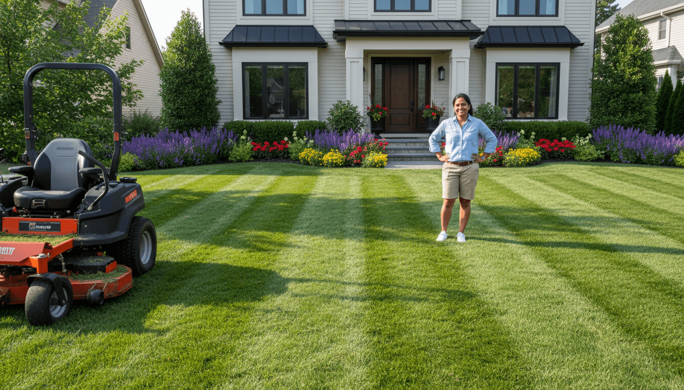 Freshly mowed lawn with clean straight lines in a residential backyard