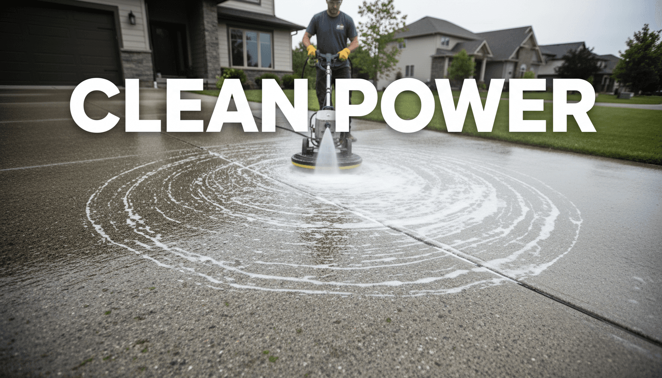 Person pressure cleaning a concrete driveway with professional equipment