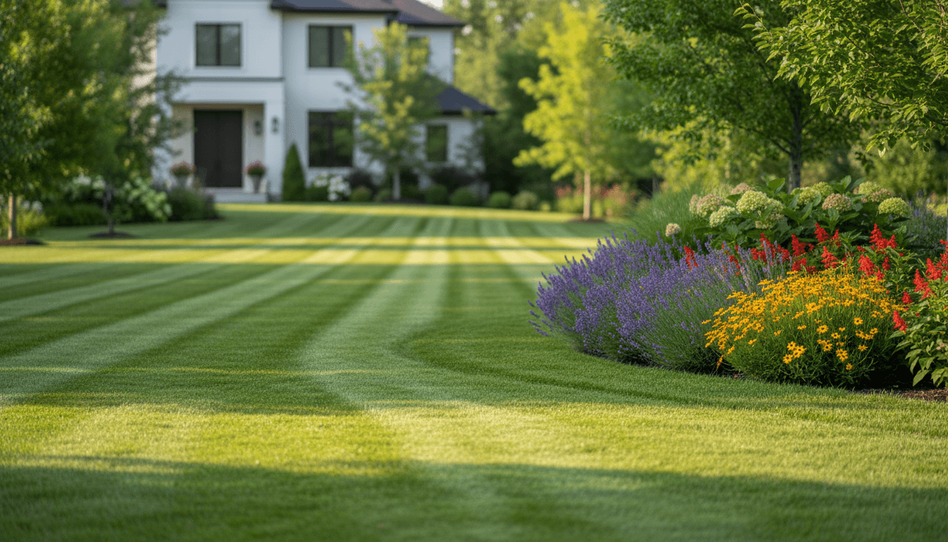 Tidy green lawn after professional mowing in front of a suburban house