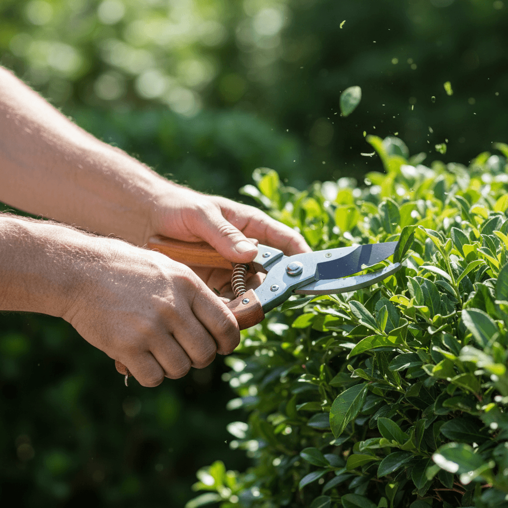 Gardener trimming a hedge with a hedge trimmer in a sunny backyard
